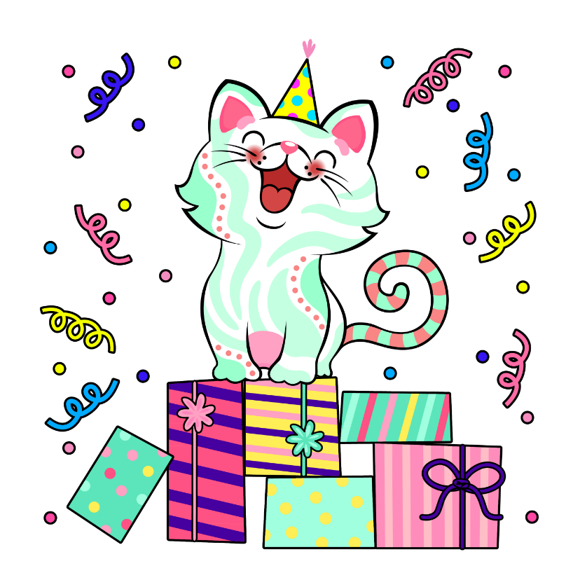 Verjaardagskaarten - Verjaardagskaart kat, cadeaus en slingers