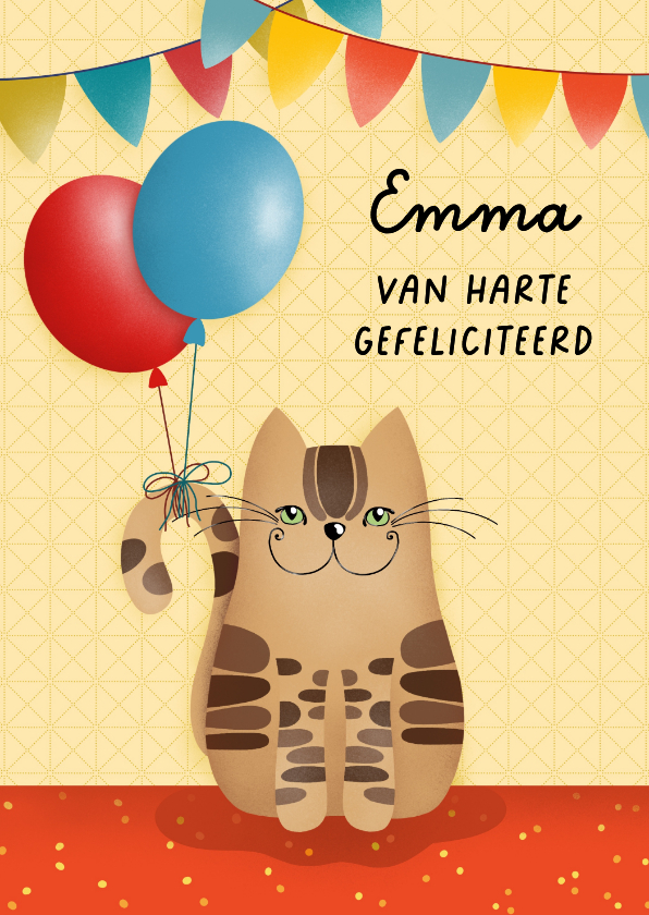 Verjaardagskaarten - Verjaardagskaart kat met ballonnen aan zijn staart