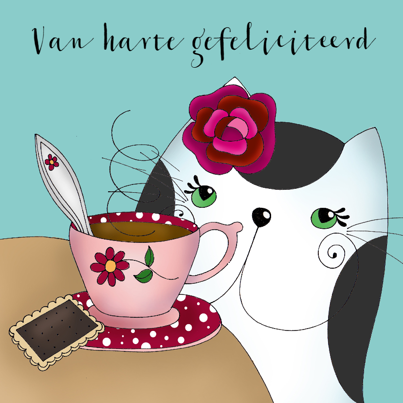 Verjaardagskaarten - Verjaardagskaart kat met kopje thee of koffie