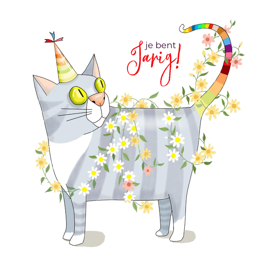 Verjaardagskaarten - Verjaardagskaart kat met regenboogstaart en bloemetjes