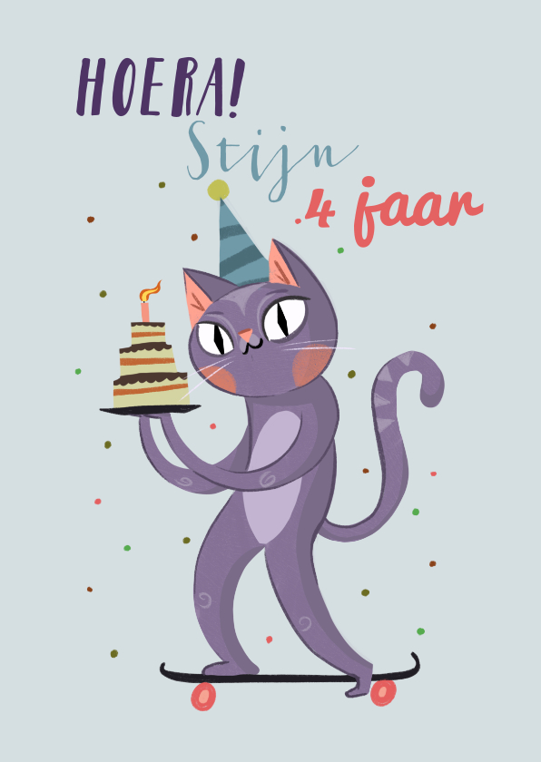 Verjaardagskaarten - Verjaardagskaart kat op skateboard