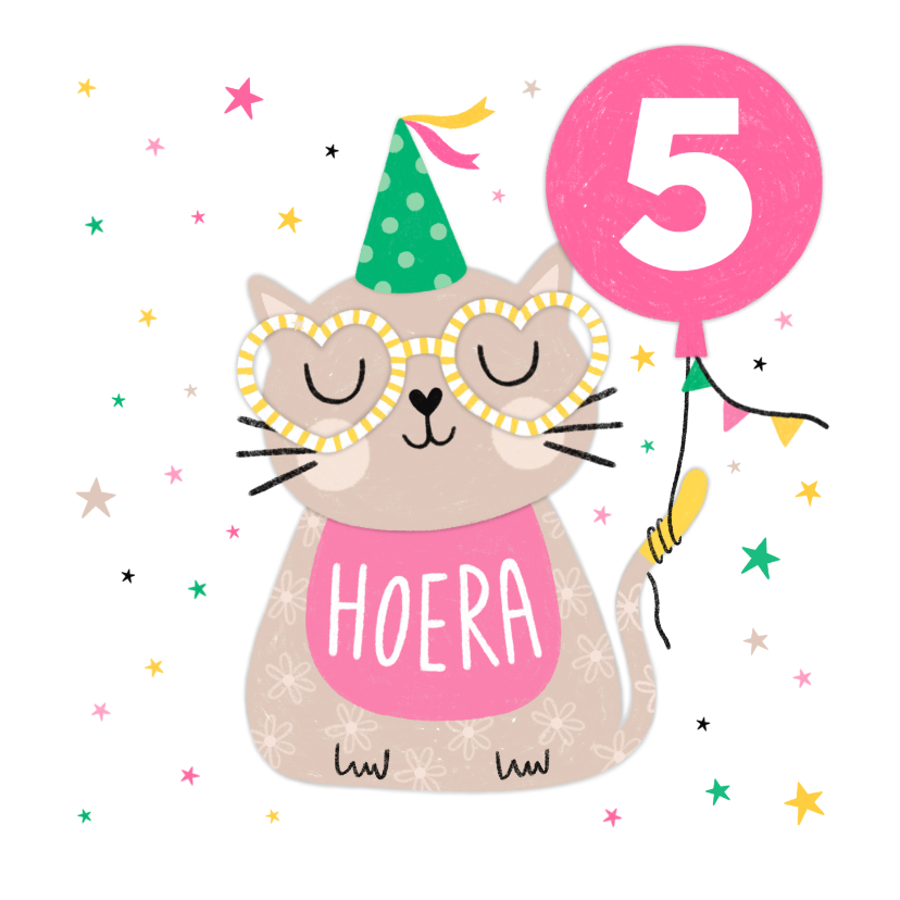 Verjaardagskaarten - Verjaardagskaart kat roze ballon feestmuts