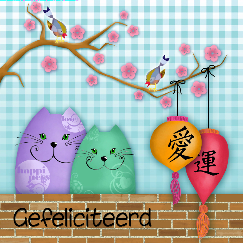 Verjaardagskaart katten love & happiness - Verjaardagskaarten Verjaardagskaarten - Verjaardagskaart katten love & happiness