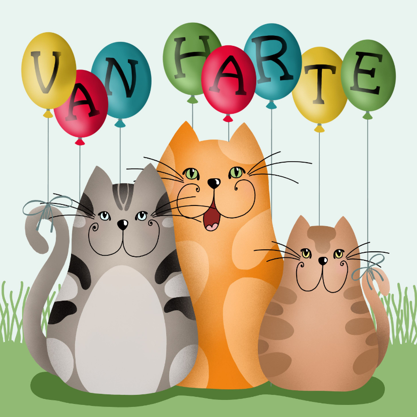 Verjaardagskaart - katten met ballonnen - Verjaardagskaarten Verjaardagskaarten - Verjaardagskaart - katten met ballonnen