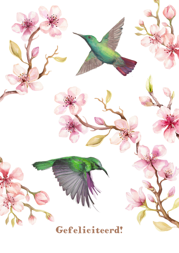 Verjaardagskaart kersenbloesem met kolibri's - Verjaardagskaarten Verjaardagskaarten - Verjaardagskaart kersenbloesem met kolibri's