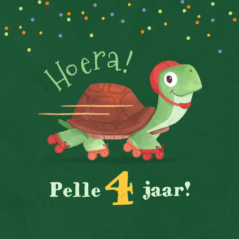 Verjaardagskaarten - Verjaardagskaart kind 4 jaar schildpad confetti humor