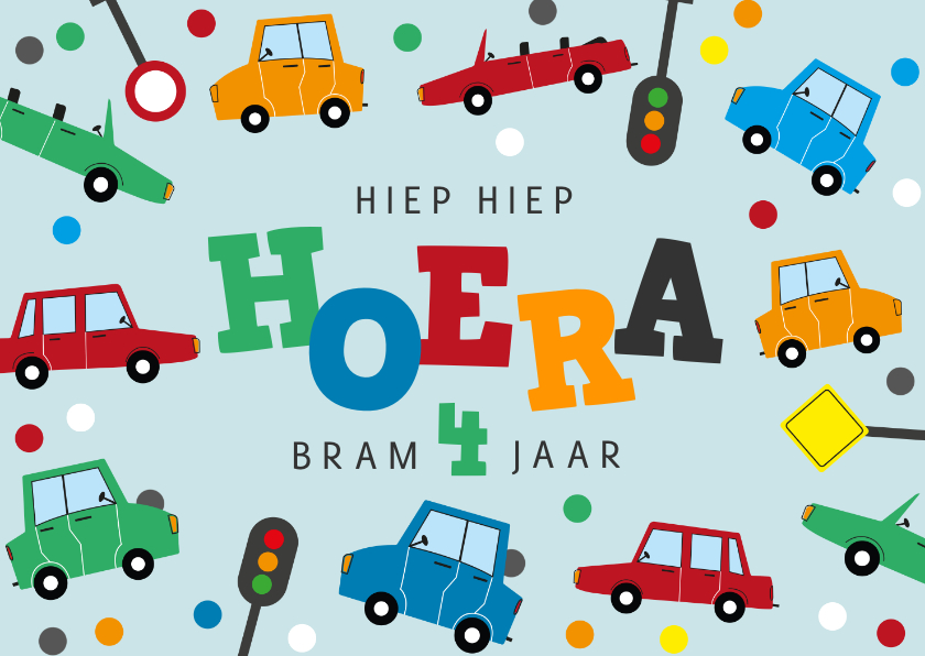 Verjaardagskaarten - Verjaardagskaart kind auto confetti hoera verkeer