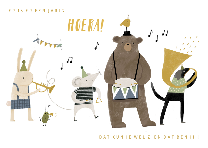 Verjaardagskaart kind dieren stoet en muziekinstrumenten - Verjaardagskaarten Verjaardagskaarten - Verjaardagskaart kind dieren stoet en muziekinstrumenten