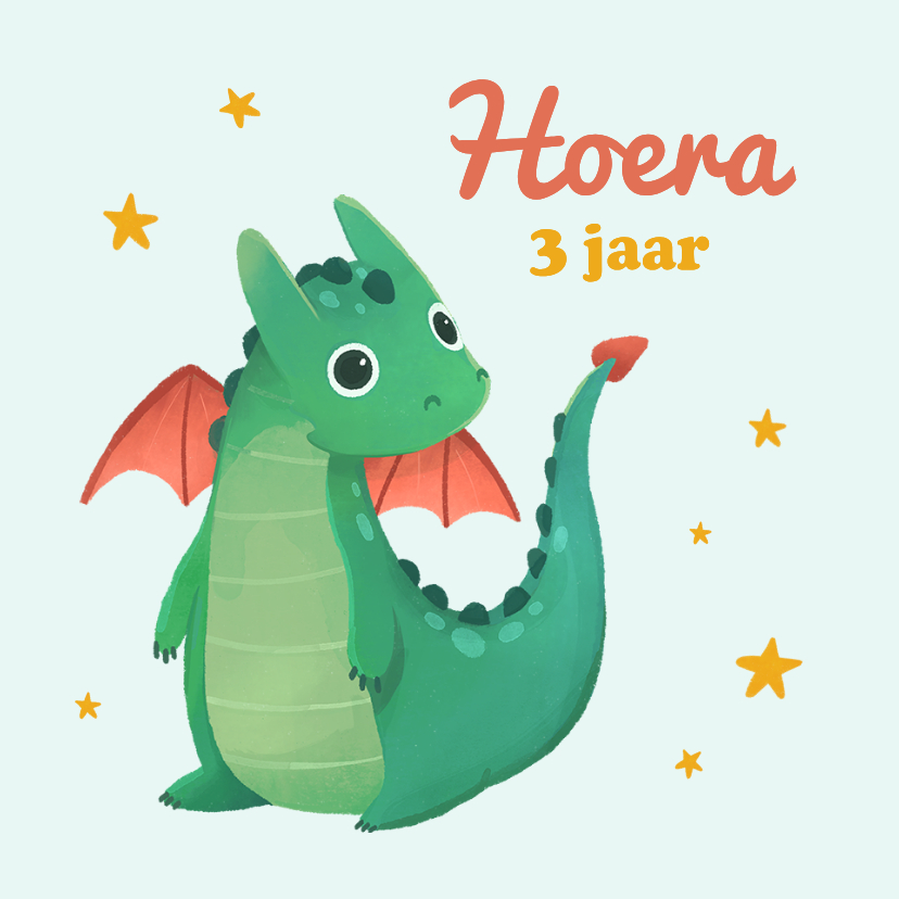 Verjaardagskaarten - Verjaardagskaart kind draakje sterren hoera sprookje