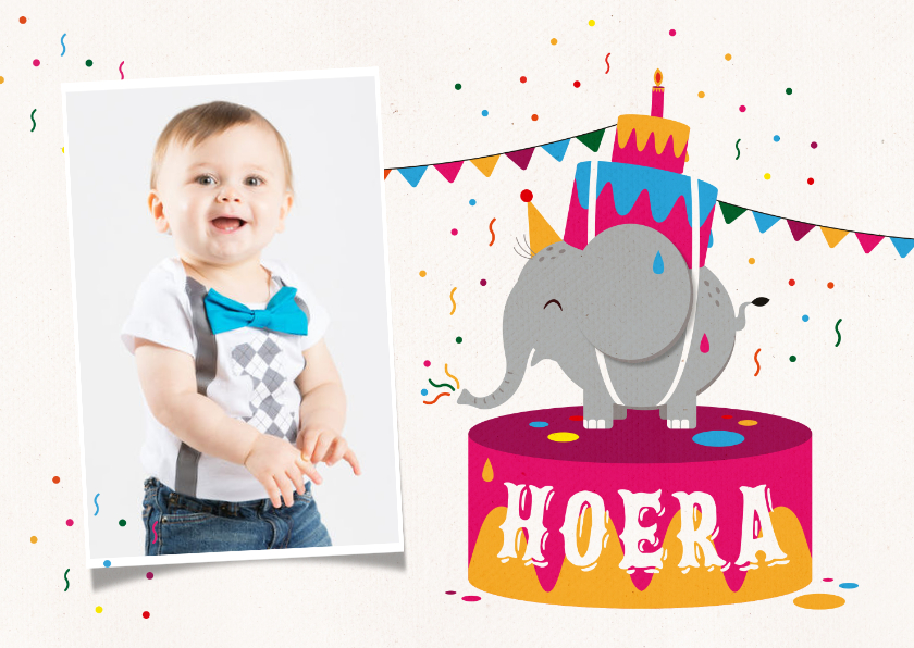 Verjaardagskaarten - Verjaardagskaart kind feest olifant confetti slingers foto