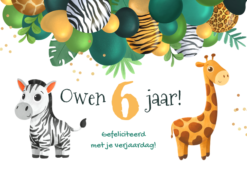 Verjaardagskaart kind jungle giraf zebra ballonnen tijger - Verjaardagskaarten Verjaardagskaarten - Verjaardagskaart kind jungle giraf zebra ballonnen tijger