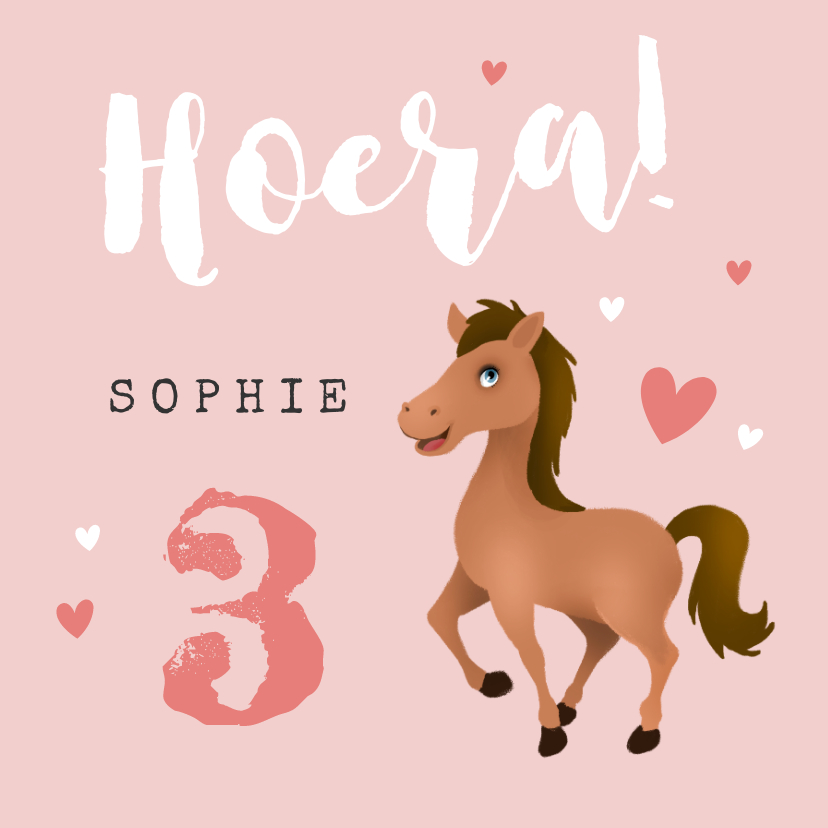 Verjaardagskaarten - Verjaardagskaart kind paard roze meisje hartjes