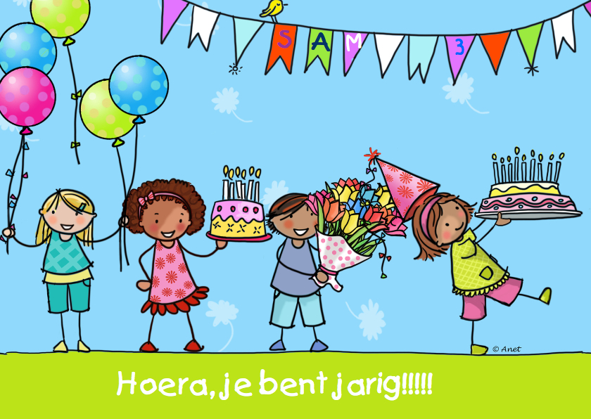 Verjaardagskaarten - Verjaardagskaart kinderen taart ballon