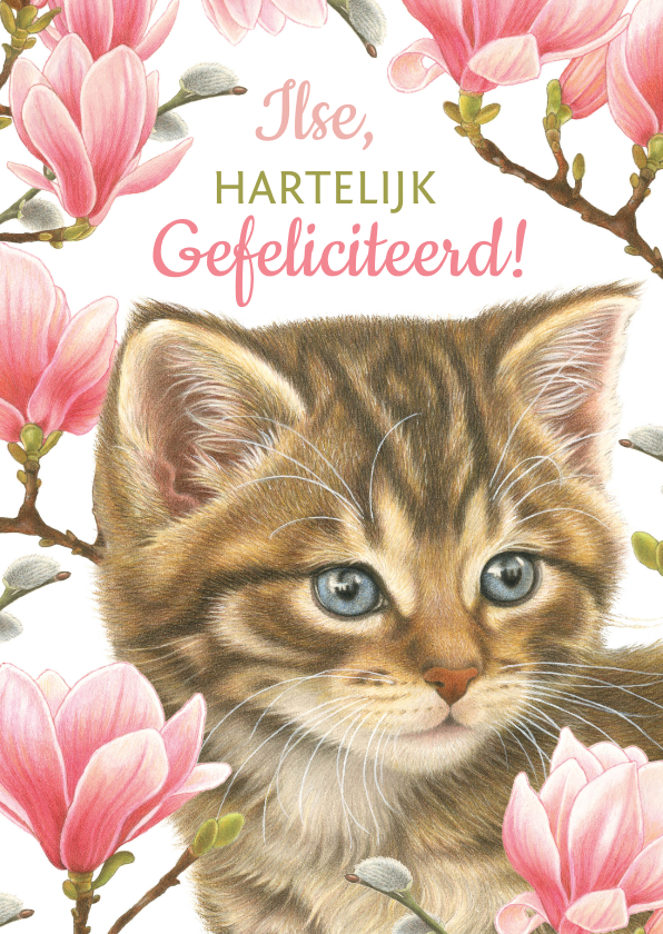Verjaardagskaarten - Verjaardagskaart kitten met magnolia