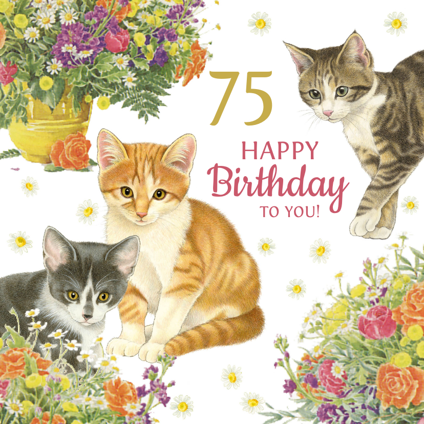 Verjaardagskaarten - Verjaardagskaart kittens en boeketten