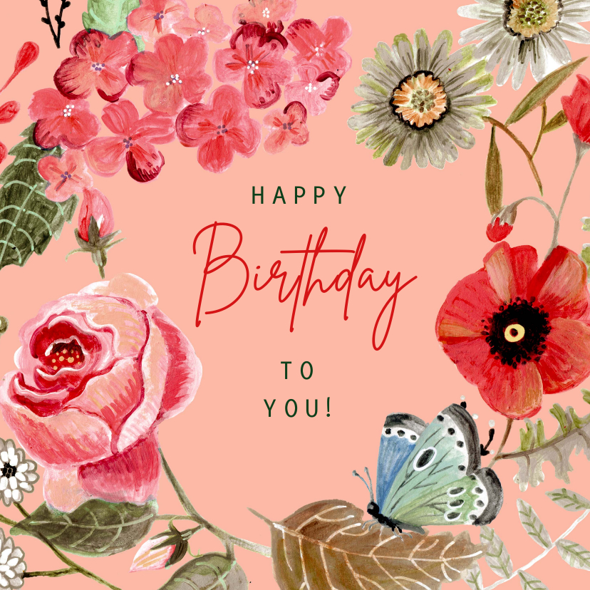 Verjaardagskaarten - Verjaardagskaart klaproos en rozen boeket