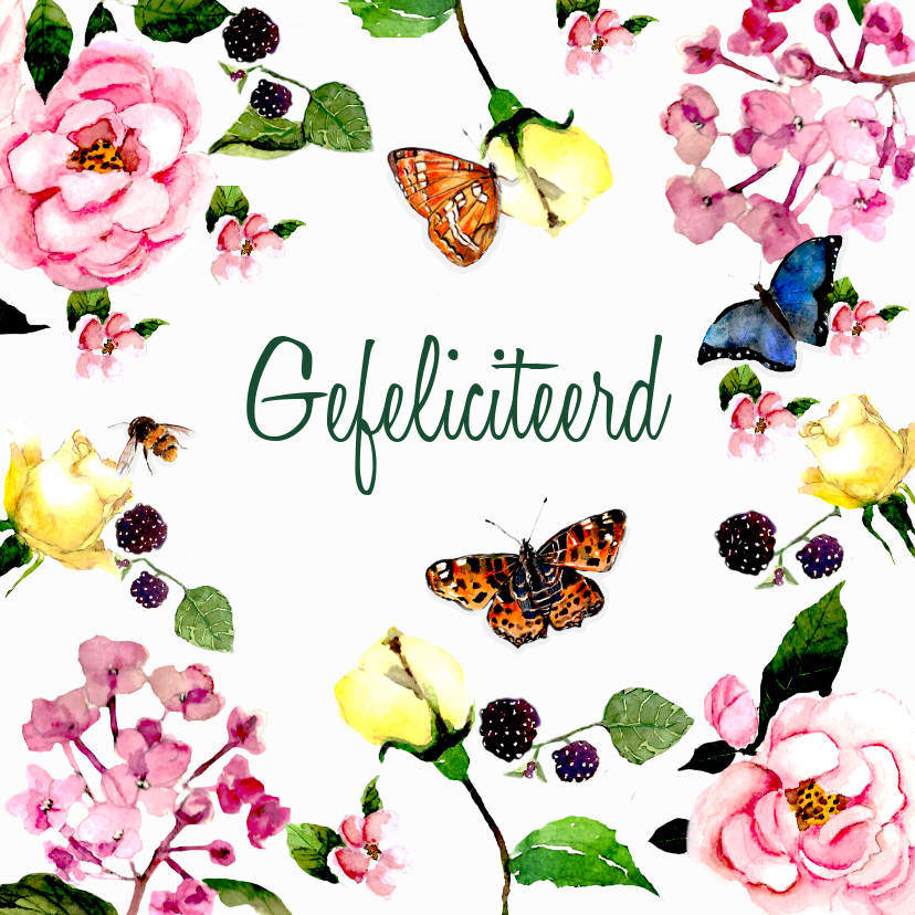 Verjaardagskaart Kleurrijk gebloemd met vlinders - Verjaardagskaarten Verjaardagskaarten - Verjaardagskaart Kleurrijk gebloemd met vlinders