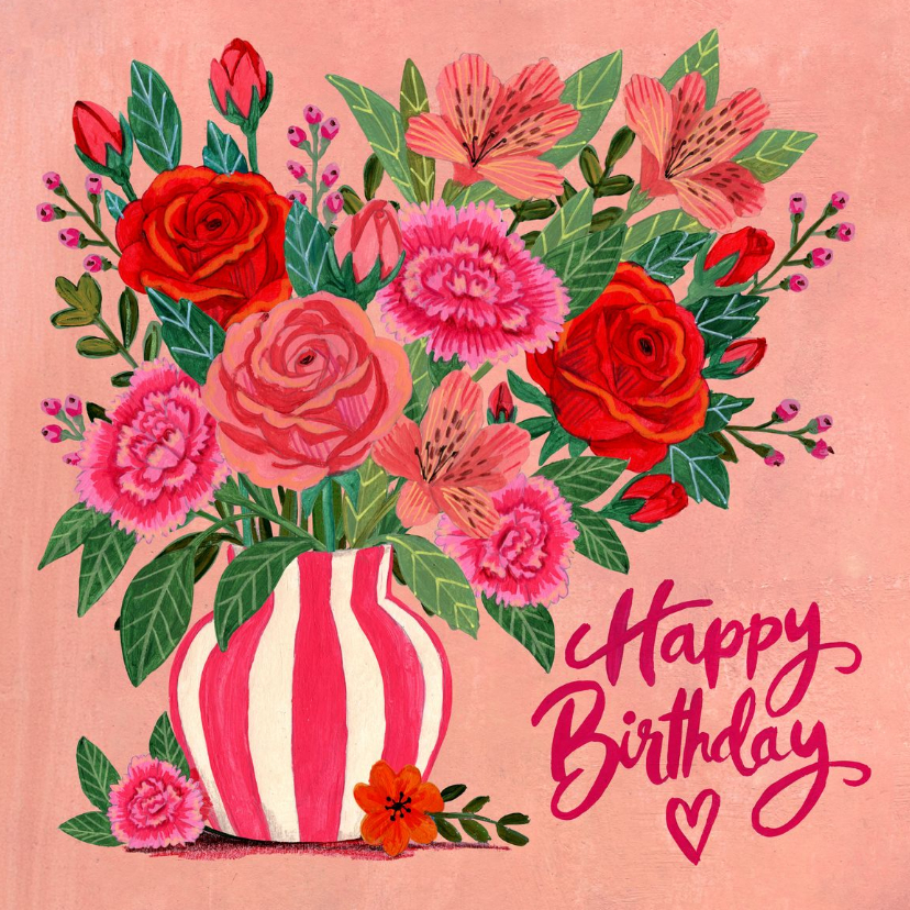 Verjaardagskaarten - Verjaardagskaart kleurrijke rode en roze bloemen op vaas
