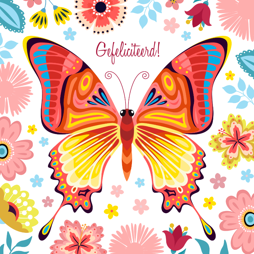 Verjaardagskaarten - Verjaardagskaart kleurrijke vlinder met bloemen en planten