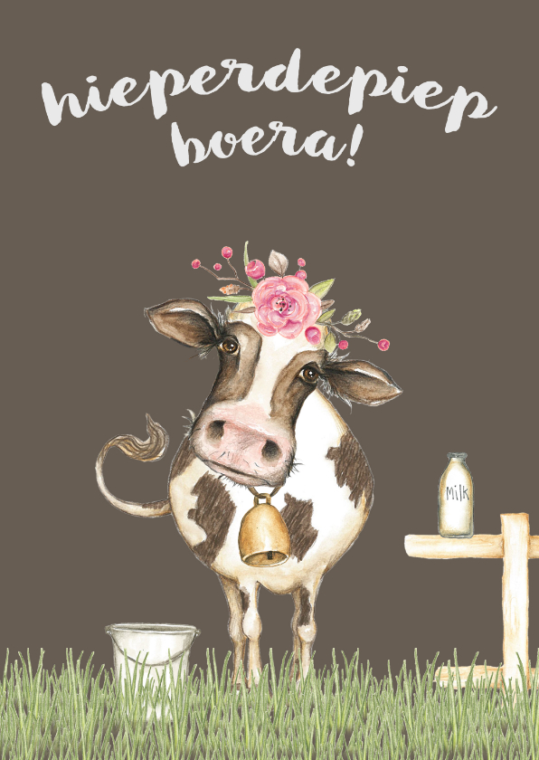 Verjaardagskaarten - Verjaardagskaart koe in de wei met bloementooi
