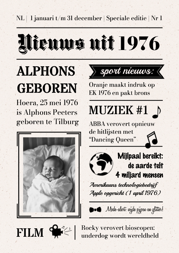 Verjaardagskaarten - Verjaardagskaart krant nieuwsbericht vintage 1976 50 jaar