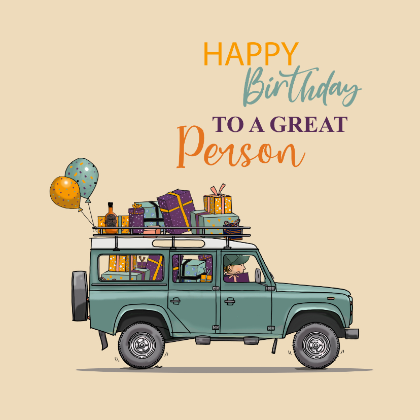 Verjaardagskaarten - Verjaardagskaart landrover met pakjes 