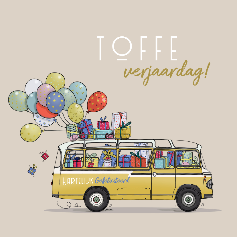Verjaardagskaart lange bus met ballonnen - Verjaardagskaarten Verjaardagskaarten - Verjaardagskaart lange bus met ballonnen