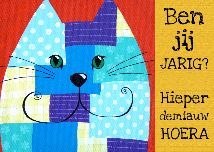 Verjaardagskaart lappenkat - Verjaardagskaarten Verjaardagskaarten - Verjaardagskaart lappenkat