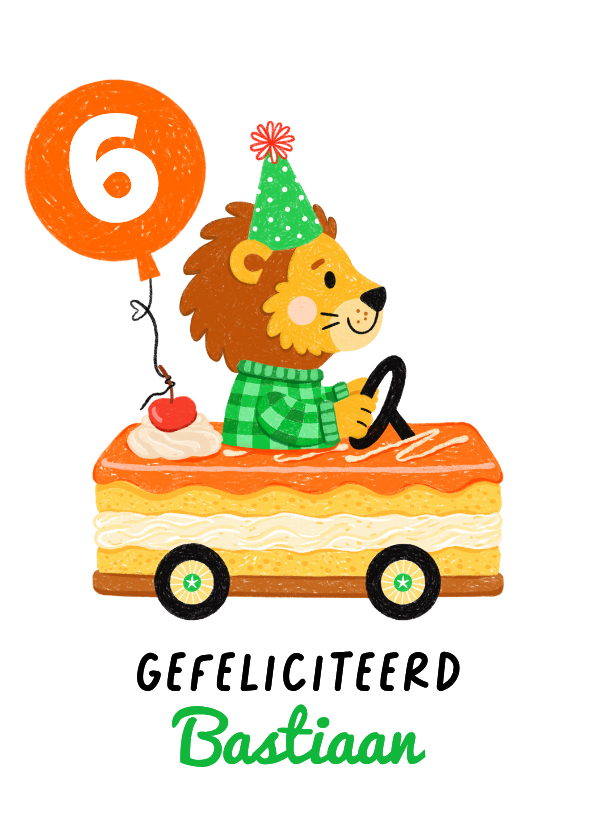 Verjaardagskaart leeuw tompouce auto oranje - Verjaardagskaarten Verjaardagskaarten - Verjaardagskaart leeuw tompouce auto oranje