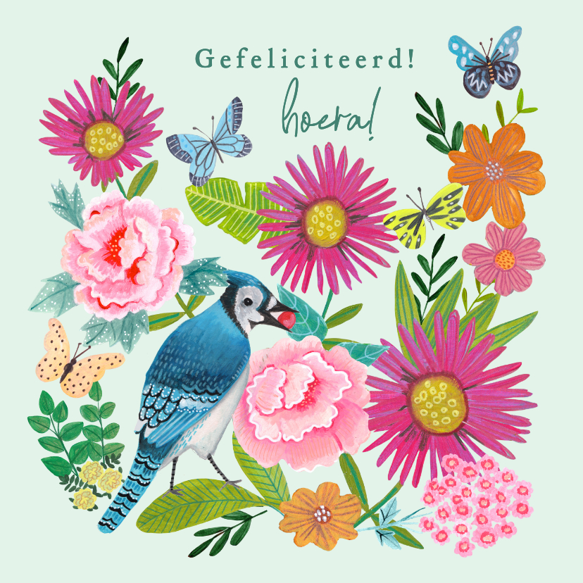 Verjaardagskaart lente bloemen met vlinders en vogel - Verjaardagskaarten Verjaardagskaarten - Verjaardagskaart lente bloemen met vlinders en vogel