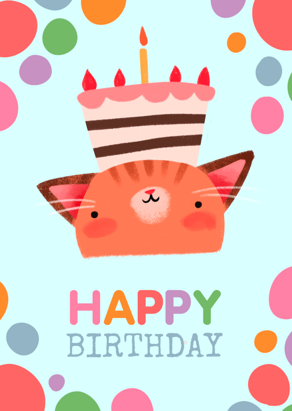 Verjaardagskaarten - Verjaardagskaart lief katje met taart op zijn kopje