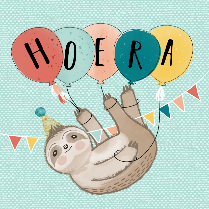 Verjaardagskaarten - Verjaardagskaart - Luiaard met Ballonnen & Slingers