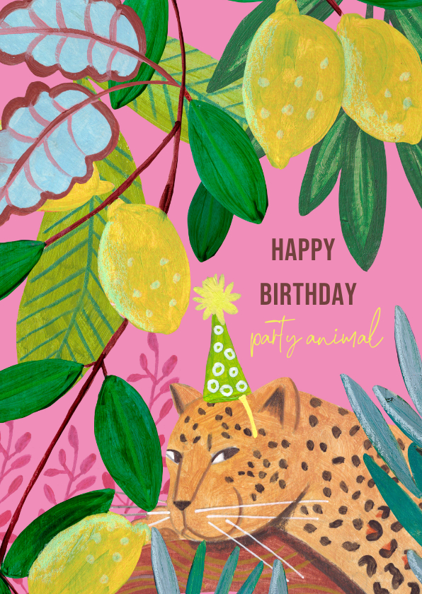 Verjaardagskaarten - Verjaardagskaart luipaard party animal!