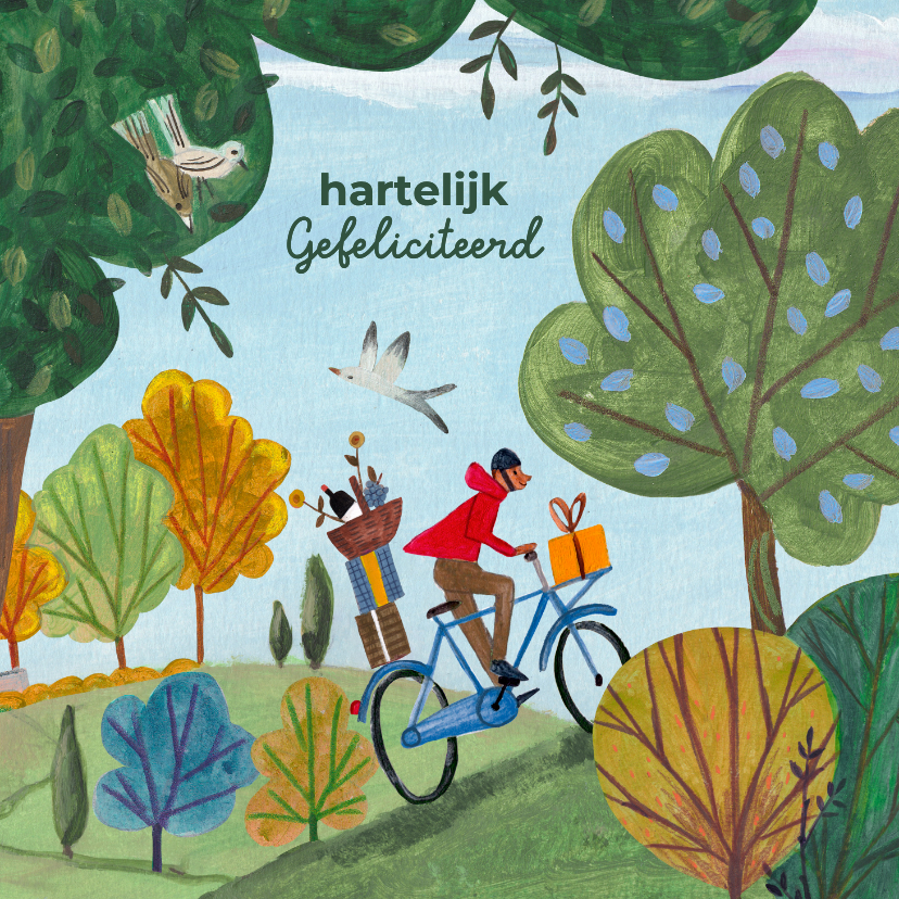 Verjaardagskaart man fietsend natuur illustratie - Verjaardagskaarten Verjaardagskaarten - Verjaardagskaart man fietsend natuur illustratie