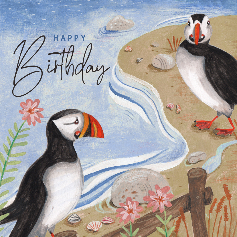Verjaardagskaart man papegaaiduiker kust zee illustratie - Verjaardagskaarten Verjaardagskaarten - Verjaardagskaart man papegaaiduiker kust zee illustratie