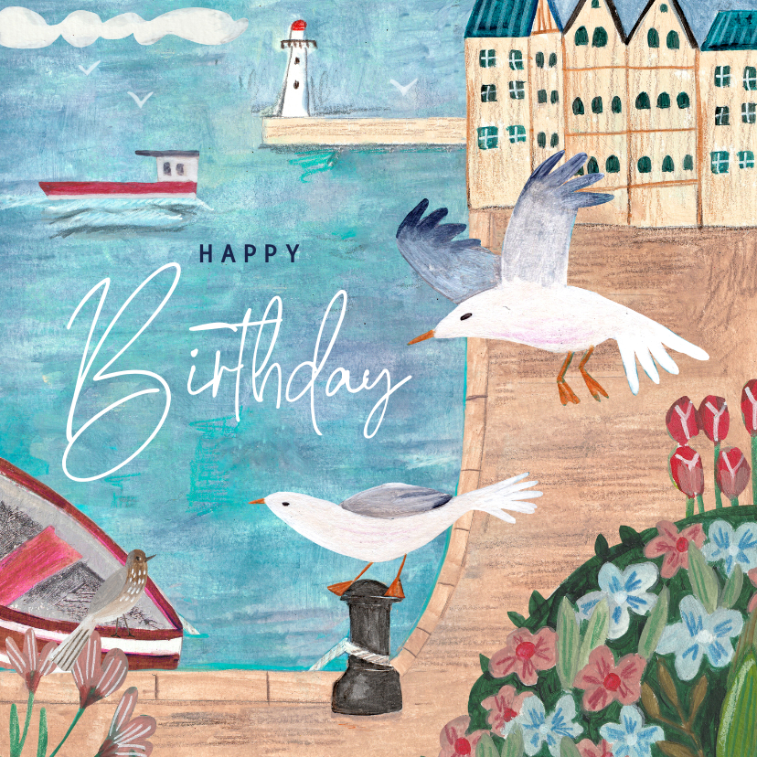 Verjaardagskaart man zee haven meeuwen illustratie - Verjaardagskaarten Verjaardagskaarten - Verjaardagskaart man zee haven meeuwen illustratie