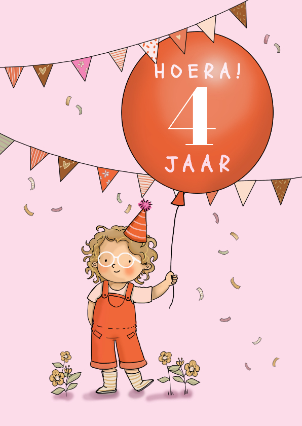 Verjaardagskaarten - Verjaardagskaart meisje 4 jaar ballon en vlaggetjes