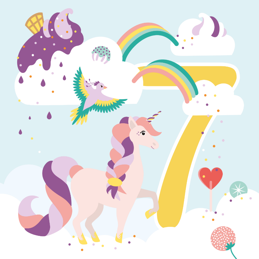 Verjaardagskaarten - Verjaardagskaart meisje 7 jaar met eenhoorn
