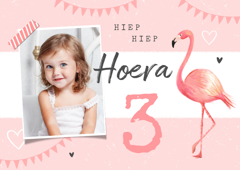 Verjaardagskaart meisje flamingo slingers hartjes foto - Verjaardagskaarten Verjaardagskaarten - Verjaardagskaart meisje flamingo slingers hartjes foto