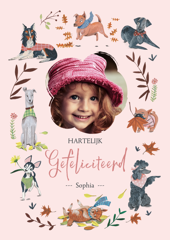Verjaardagskaarten - Verjaardagskaart meisje foto honden illustratie