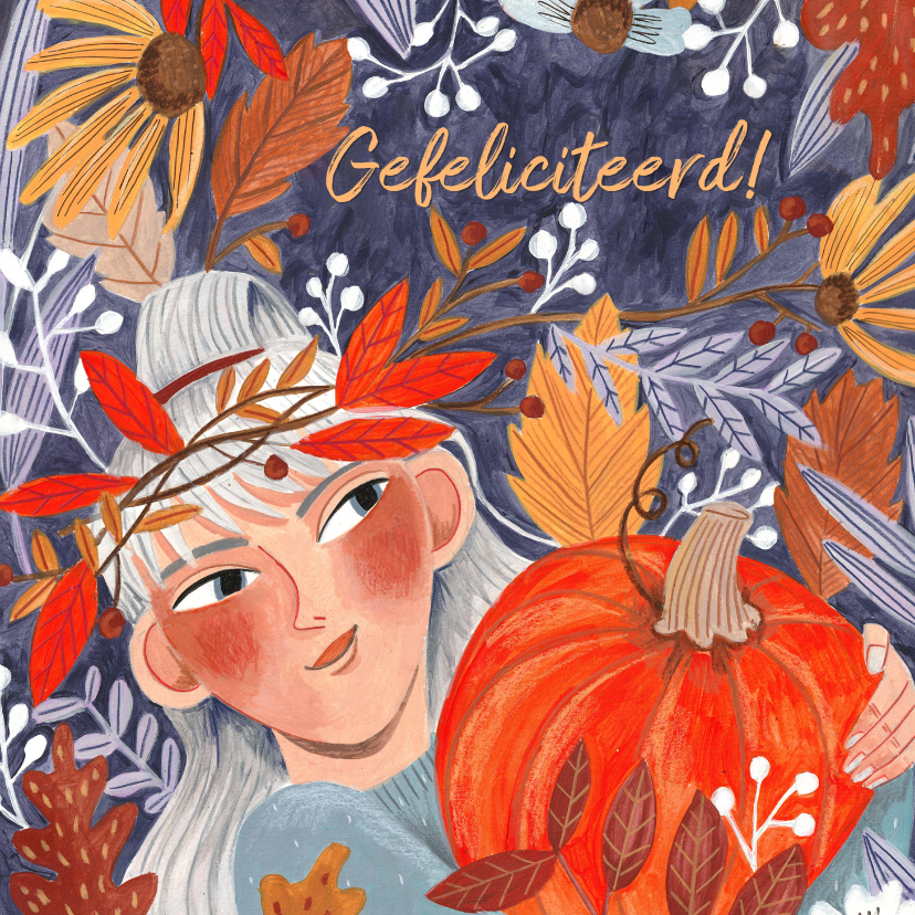 Verjaardagskaart meisje herfstbladeren - Verjaardagskaarten Verjaardagskaarten - Verjaardagskaart meisje herfstbladeren