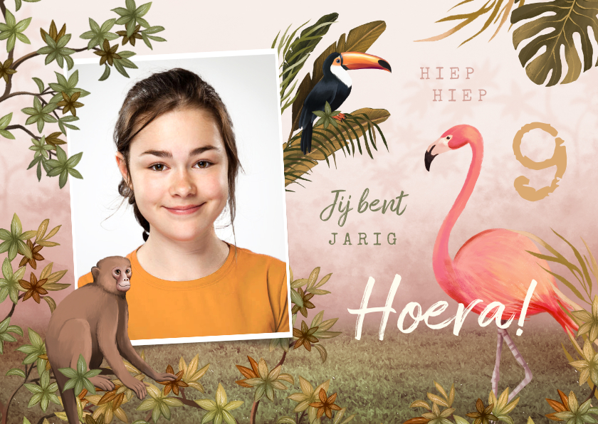 Verjaardagskaarten - Verjaardagskaart meisje jungle tropisch dieren