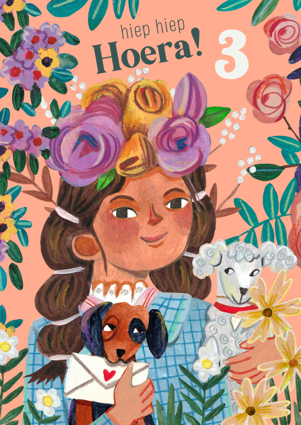 Verjaardagskaarten - Verjaardagskaart meisje met 2 hondjes en bloemen