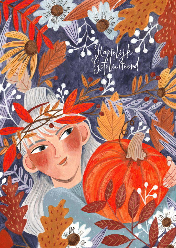 Verjaardagskaarten - Verjaardagskaart meisje met pompoen in herfstbladeren