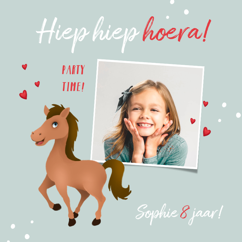 Verjaardagskaarten - Verjaardagskaart meisje paard hartjes