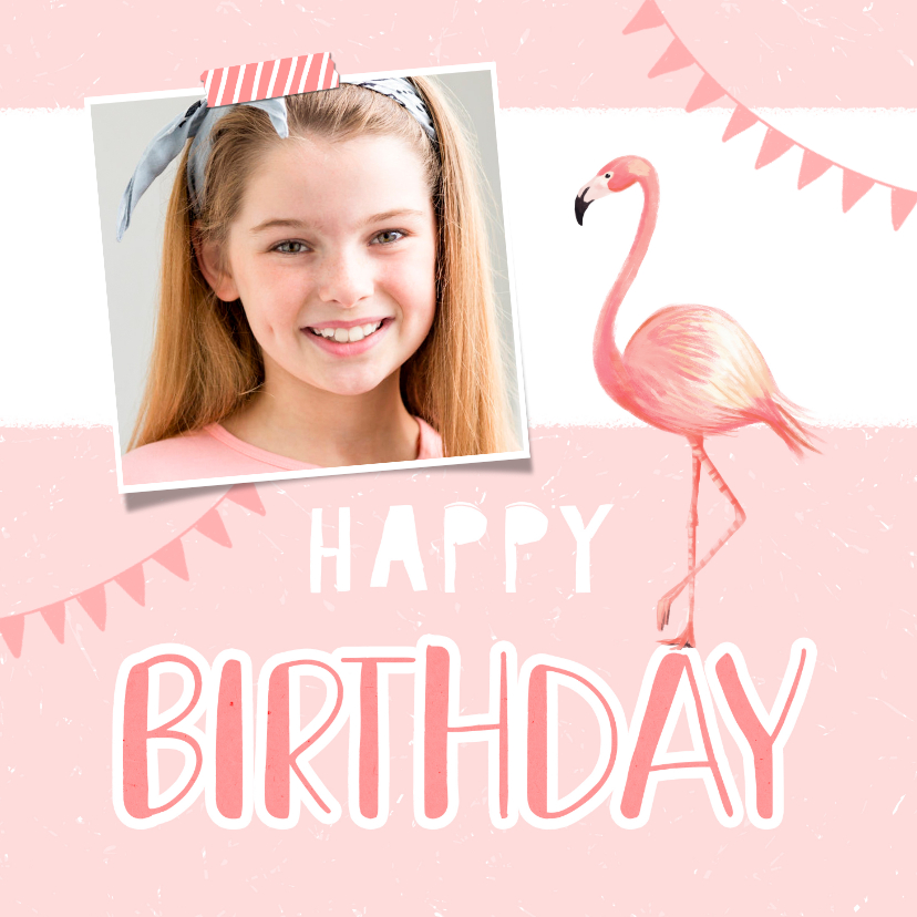 Verjaardagskaarten - Verjaardagskaart meisje roze foto flamingo slingers