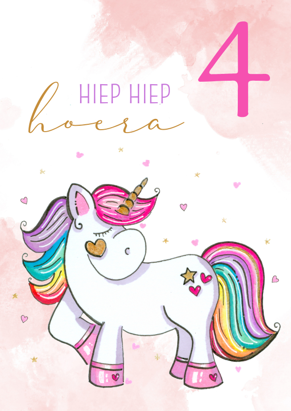 Verjaardagskaarten - Verjaardagskaart meisje unicorn met hartjes en watercolor