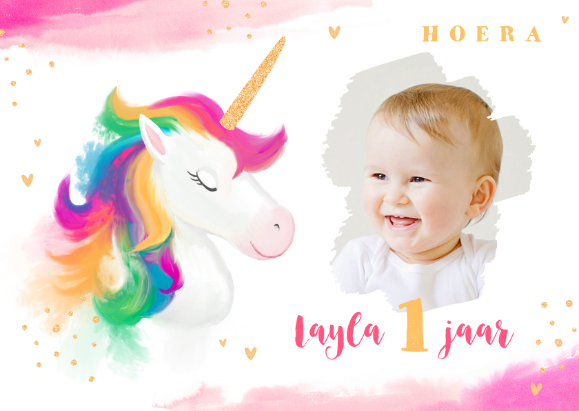 Verjaardagskaarten - Verjaardagskaart meisje waterverf unicorn goud