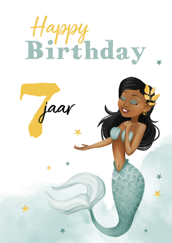 Verjaardagskaarten - Verjaardagskaart meisje zeemeermin met waterverf