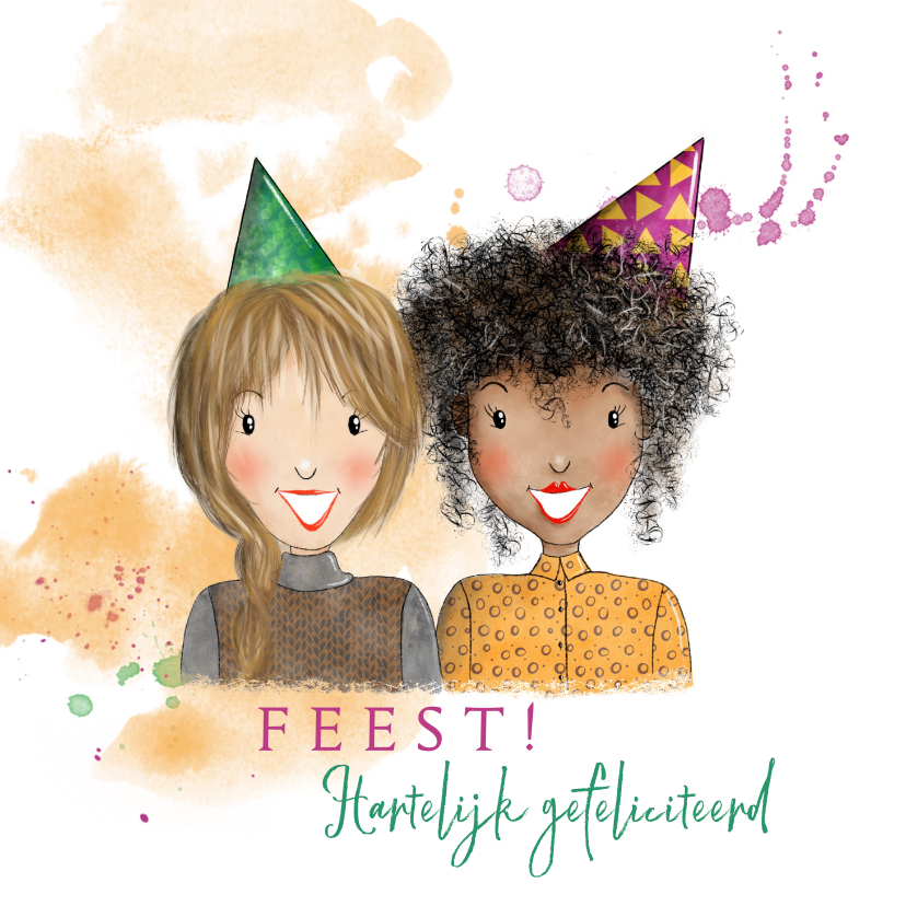 Verjaardagskaart meisjes met feesthoedjes - Verjaardagskaarten Verjaardagskaarten - Verjaardagskaart meisjes met feesthoedjes